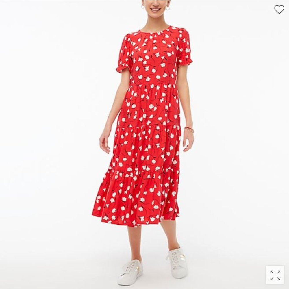 J.Crew Factory Floral Puff-Sleeve Tiered Midi Dress
